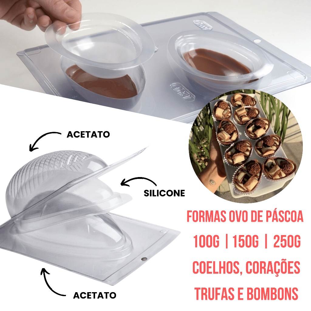 Forma de Silicone Ovo de Páscoa 3 Partes Chocolate Trufa Bombom Vários Modelos Especial Acetato