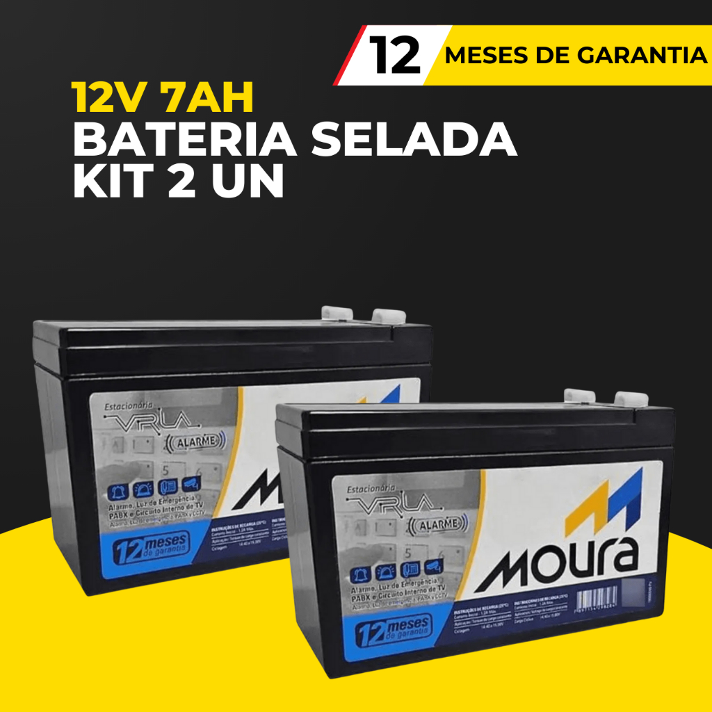 Kit 02 Baterias Moura 7ah 12v 12MVA-7 Alarme para centrais de alarme Luz de emergência cerca elétrica
