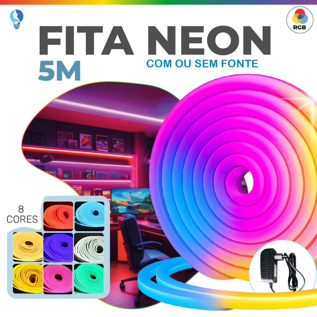 Fita de LED Mangueira Neon 5 Metros IP65 Flexível Com ou Sem Fonte | 8 Cores