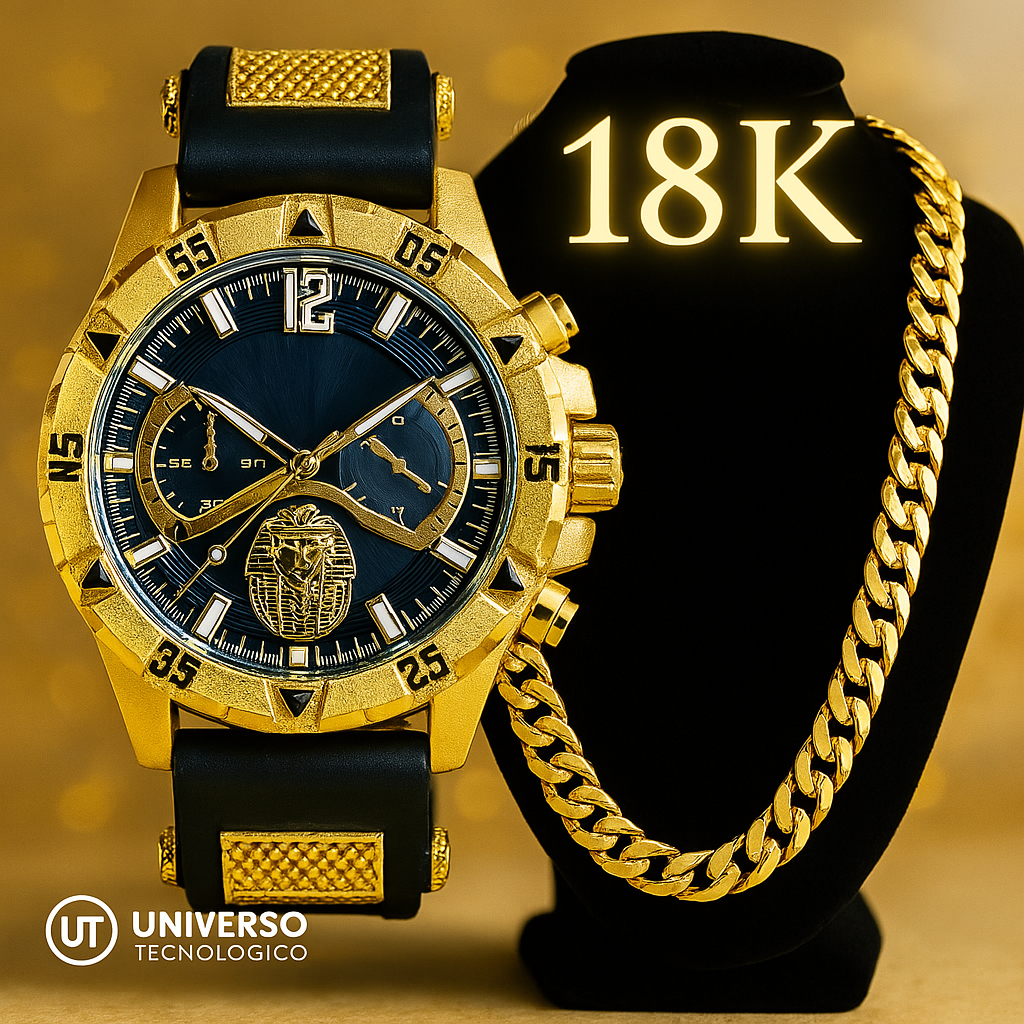 🔥OFERTA🔥 🔥Kit Relógio Masculino Dourado + Corrente Banhada Grossa 18K🔥 em Oferta na Shopee