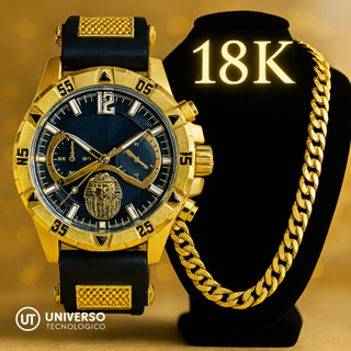 🔥OFERTA🔥 🔥Kit Relógio Masculino Dourado + Corrente Banhada Grossa 18K🔥 em Oferta na Shopee