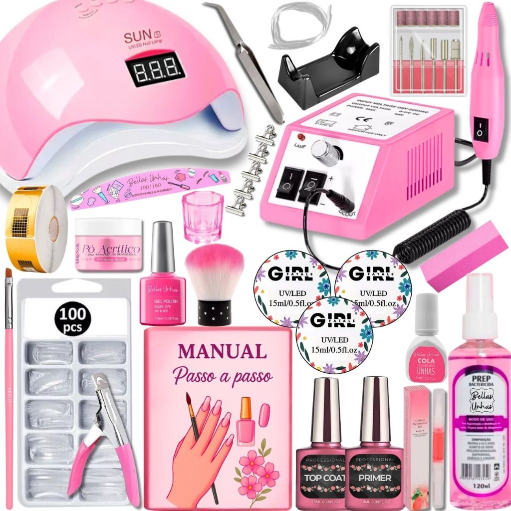 Kit Alongamento Unha Gel Profissional + Lixadeira Mercedes e Cabine Led Uv - Envio Imediato