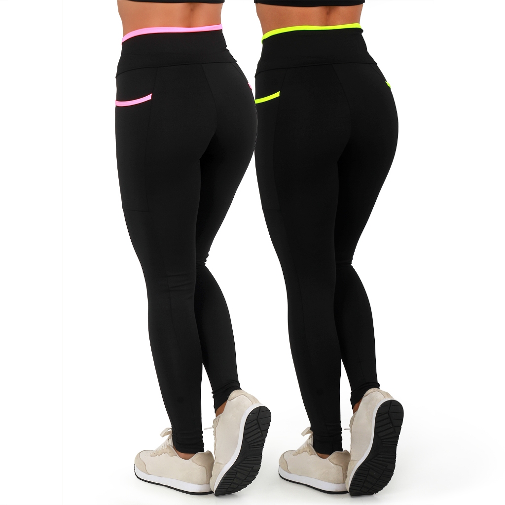 Kit 2 Calças Legging Academia Feminina Fitness Cintura Alta e Bolsos Laterais