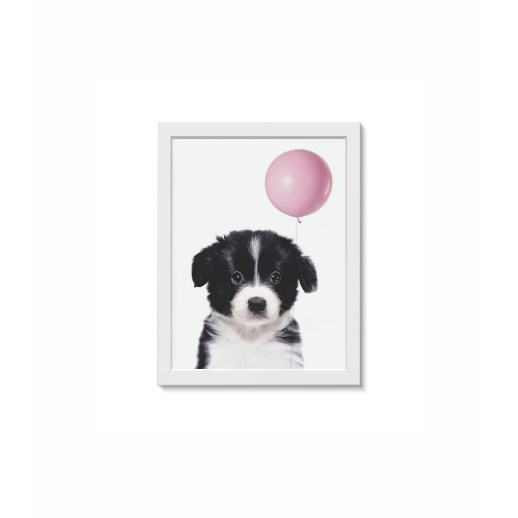 Quadro Decorativo Cãozinho com Balão Rosa Decoração Infantil Quarto Menina Moldura 20x30cm Madeira