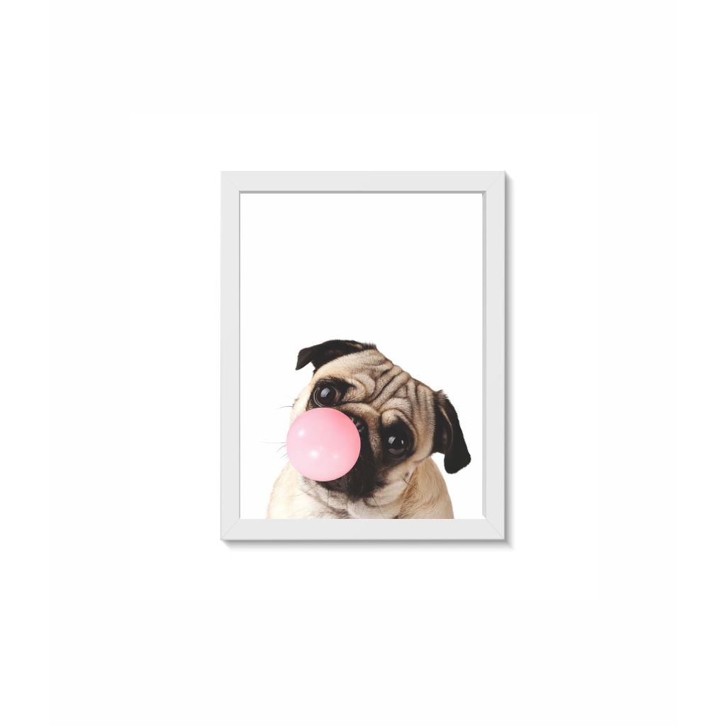 Quadro Decorativo Quarto de Bebê Menina Cãozinho Mascando Chiclete Rosa A4 Moldura Branca