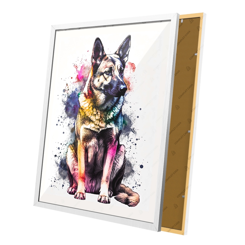 Quadro Pintura Aquarela Cachorro Raça Pastor Alemão  Moldura e Vidro