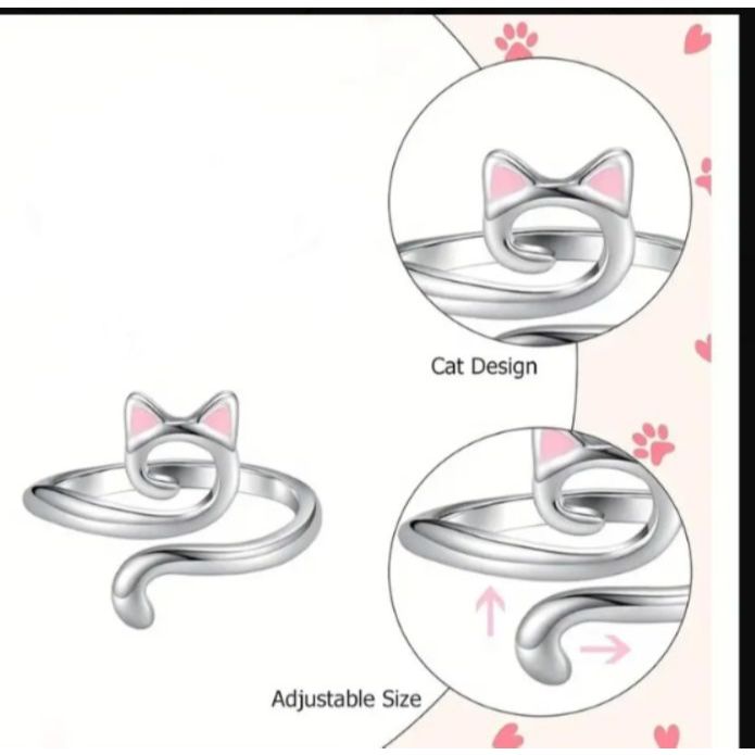 Anel Ajustável Gatinho Orelha Rosa CodT53 Acessório Feminino Anel Ajustável Estiloso Amantes de Gato Anel Cat Anel Minim