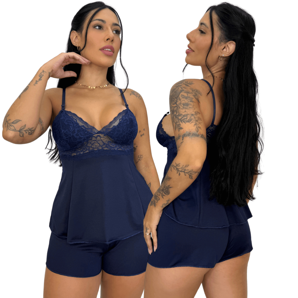 Baby Doll Short Doll Luxo Delicado Detalhe em Renda Sexy Feminino Pijama Linha Noite