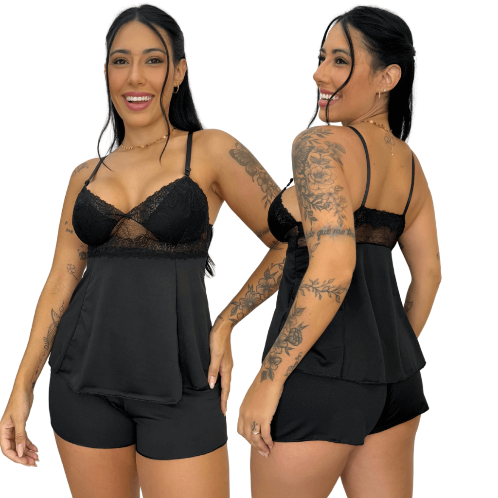 Baby Doll Short Doll Luxo Delicado Detalhe em Renda Sexy Feminino Pijama Linha Noite