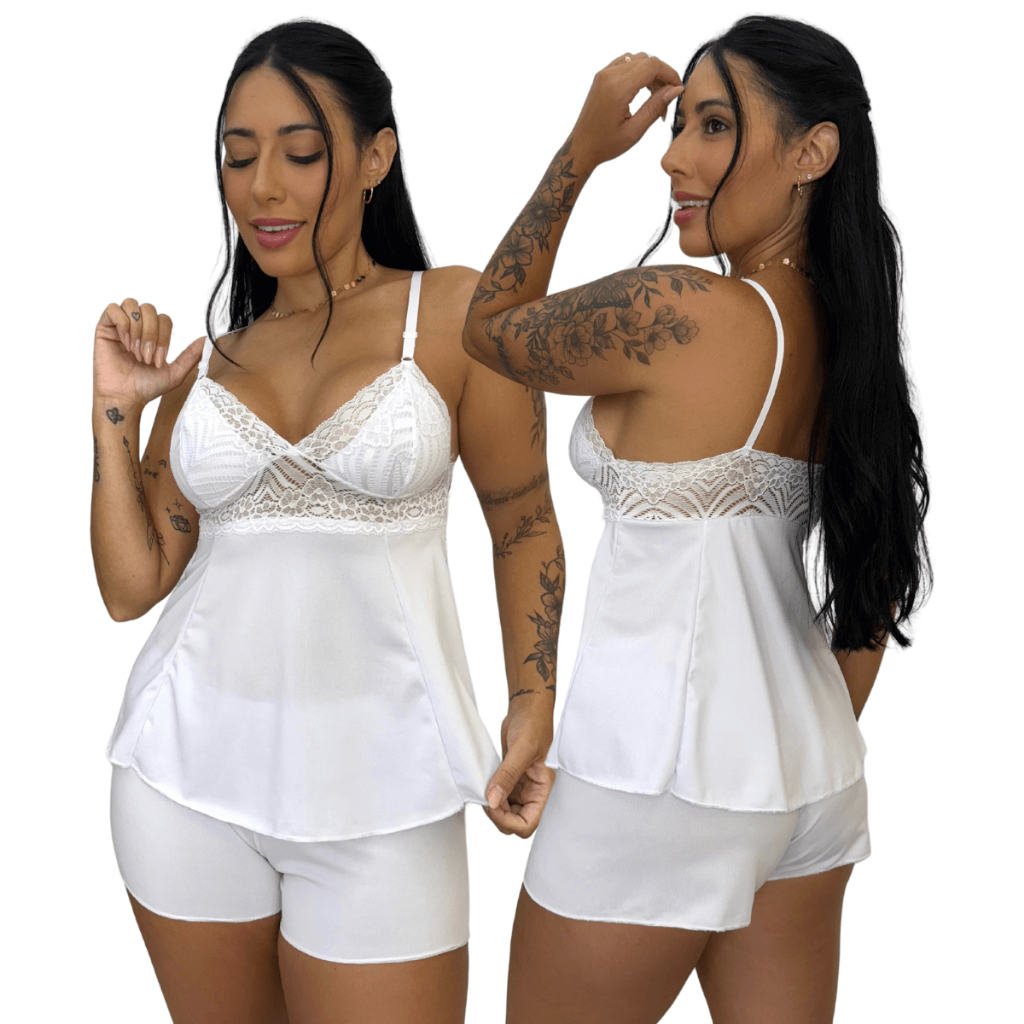 Baby Doll Short Doll Luxo Delicado Detalhe em Renda Sexy Feminino Pijama Linha Noite