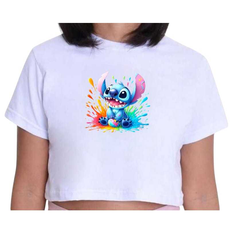 Cropped blusinha com estampa Stitch para meninas, colorida e alegre - super confortável - tecido 100% algodão