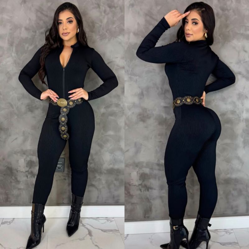 macacão feminino manga longa com zíper macacão virginia outono inverno moda blogueira
