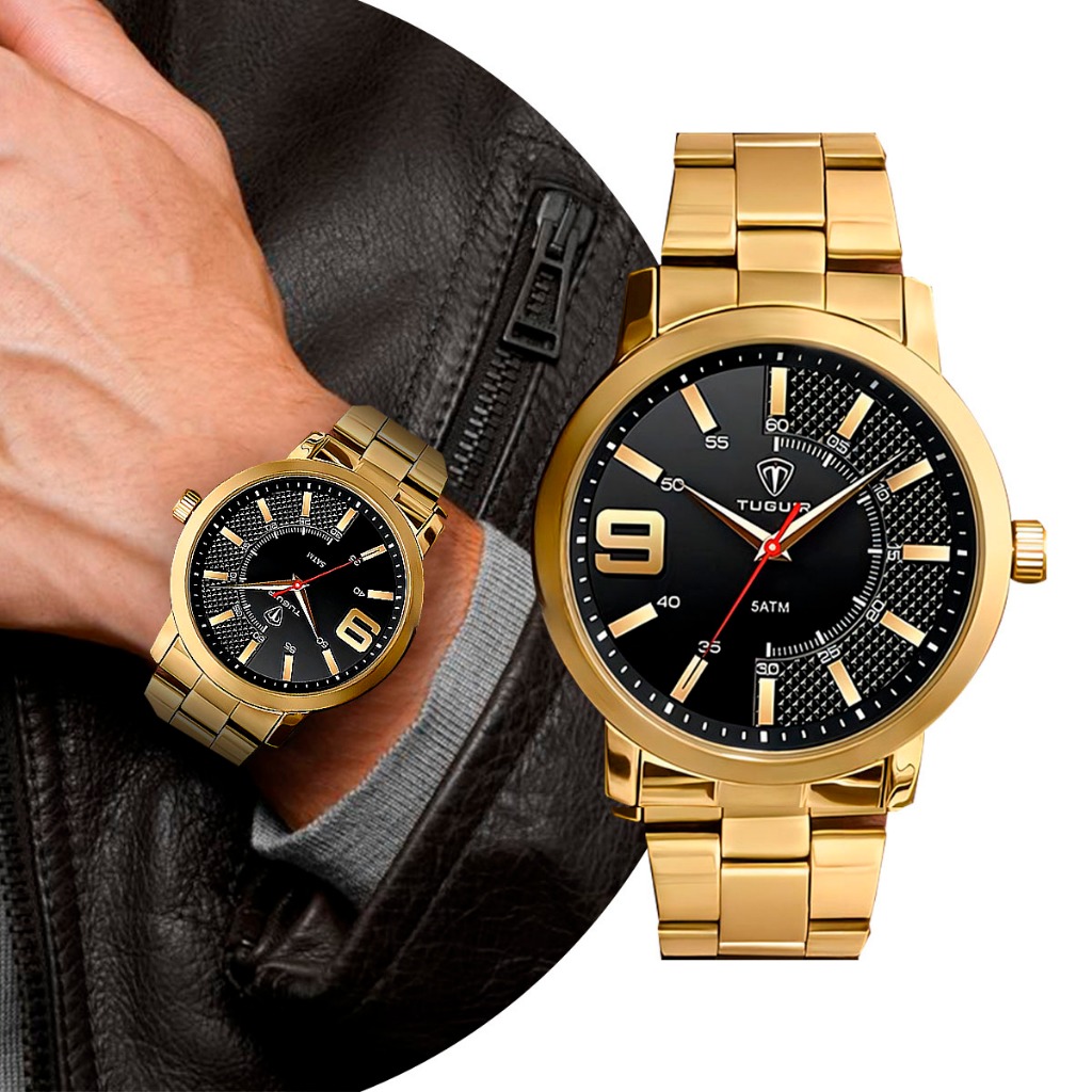 Relógio Masculino de Pulso com Caixa e Pulseira de Aço Inoxidável Dourado e Preto Social Casual Luxo Tuguir Original