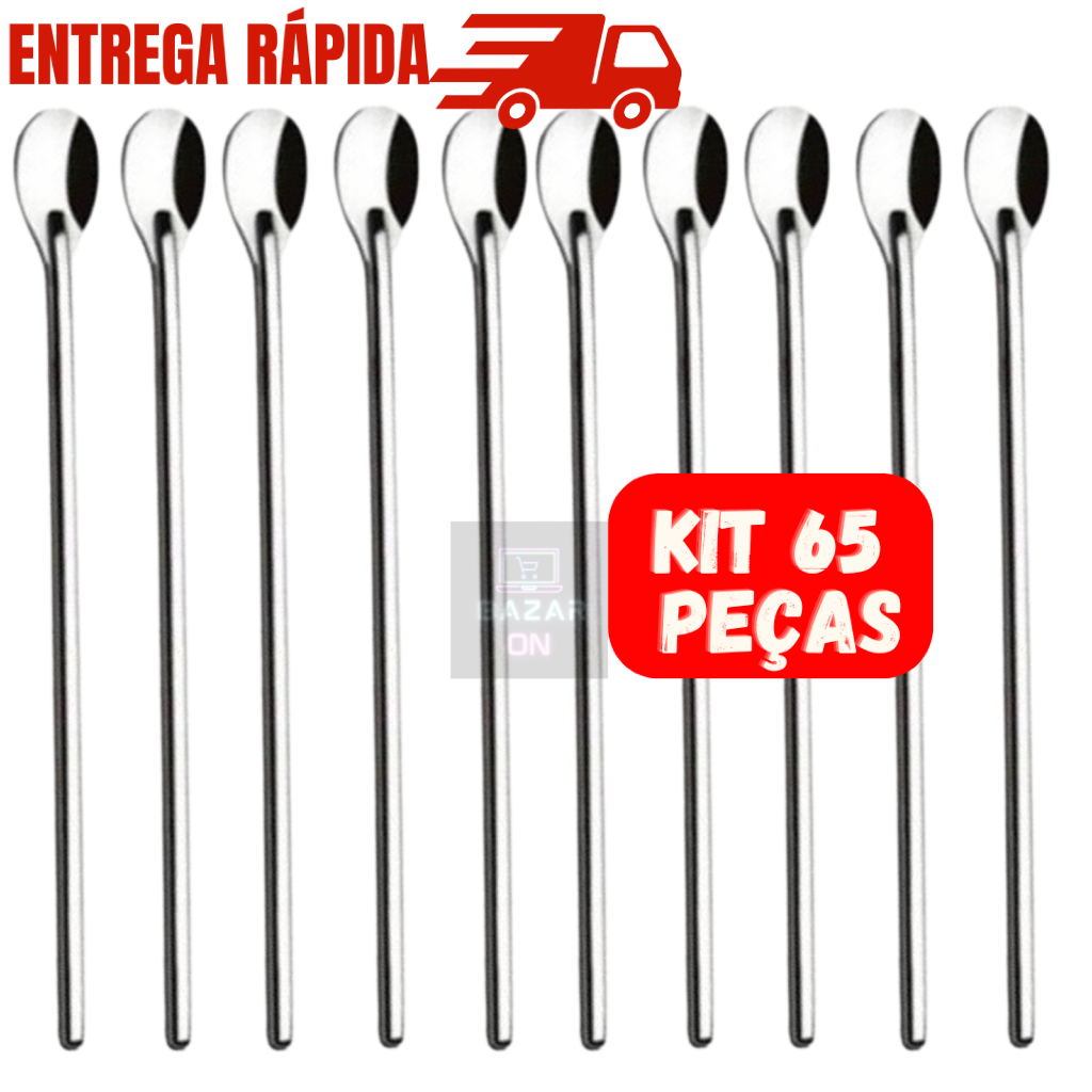 Kit Jogo com 65 Colheres Bailarina em Aço Inox Para Suco Laranja Morango Drinks Bebida Barmen