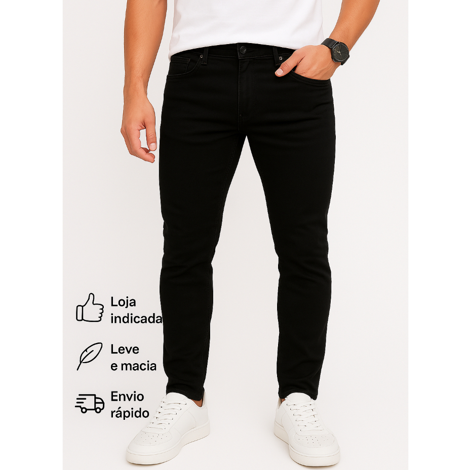 Calça Skinny Preta Masculina Jeans Com Elastano Lycra NF