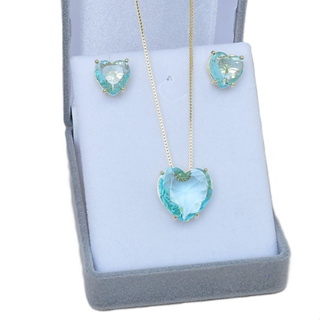 Conjunto Colar e Brinco Feminino Dourado Semi Joia Coração Cristal Azul Aqua Banhado a Ouro 18k em Oferta na Shopee