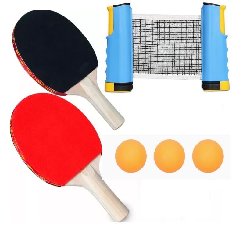 Kit Completo de Tênis de Mesa - 3 Bolinhas, 2 Raquetes e Rede Retrátil Portátil