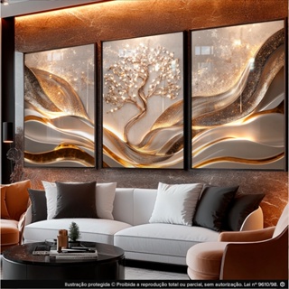 Quadro Decorativos Abstrato geométrico 3pçs Árvore Folhas de Ouro Luxuoso para Sala Escritório em Oferta na Shopee