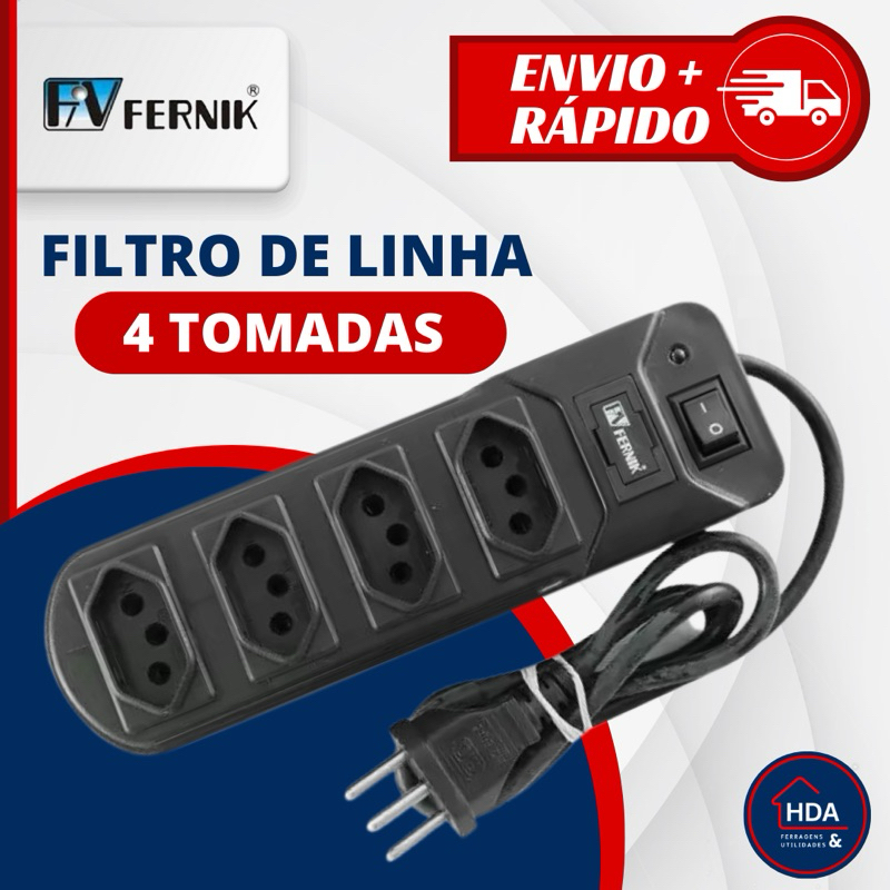 Régua Filtro de Linha 4 Tomadas 10A Bivolt Com Fusível de Proteção Chave e Led - Fernik