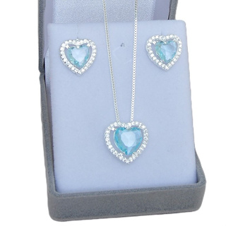 Conjunto Colar e Brinco Feminino Coração Azul Aqua Caixa Cravejada Banhado a Prata 925 em Oferta na Shopee