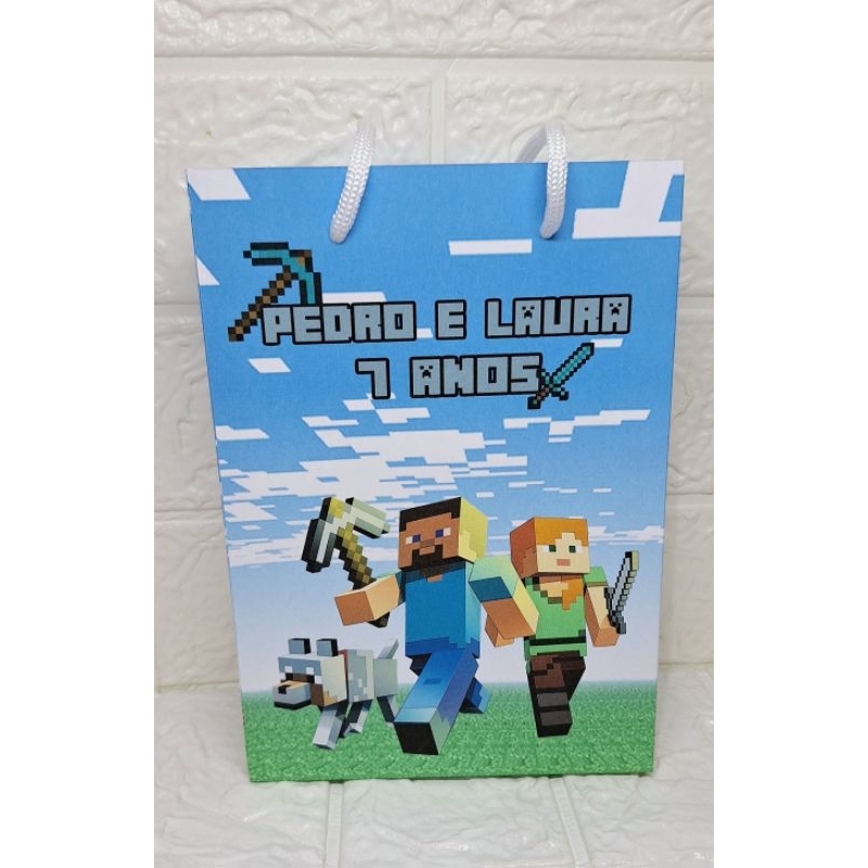 Sacolinha Personalizada com Nome, Minecraft, Jogo Game. PEGUE E MONTE. Lembrancinha de Festa Aniversário