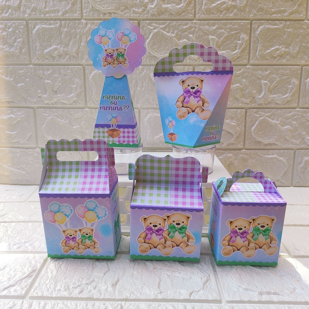 Kit Festa Personalizados Chá revelação Ursinho lilás e verde Lembrancinhas Caixinhas aniversário festa - PEGUE E MONTE