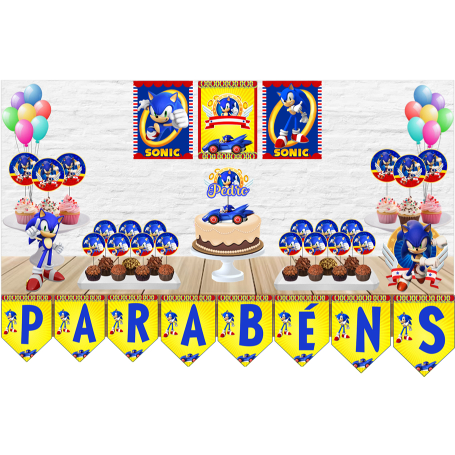 KIT FESTA SÓ UM BOLINHO SONIC - DECORAÇÃO, ANIVERSÁRIO, MESVERSÁRIO, ENFEITES DE PAREDE, ENFEITES em Oferta na Shopee