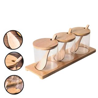 Kit 3 Potes Porta condimentos Temperos de Vidro com Suporte tampa em bambu Saleiro 270 ml em Oferta na Shopee
