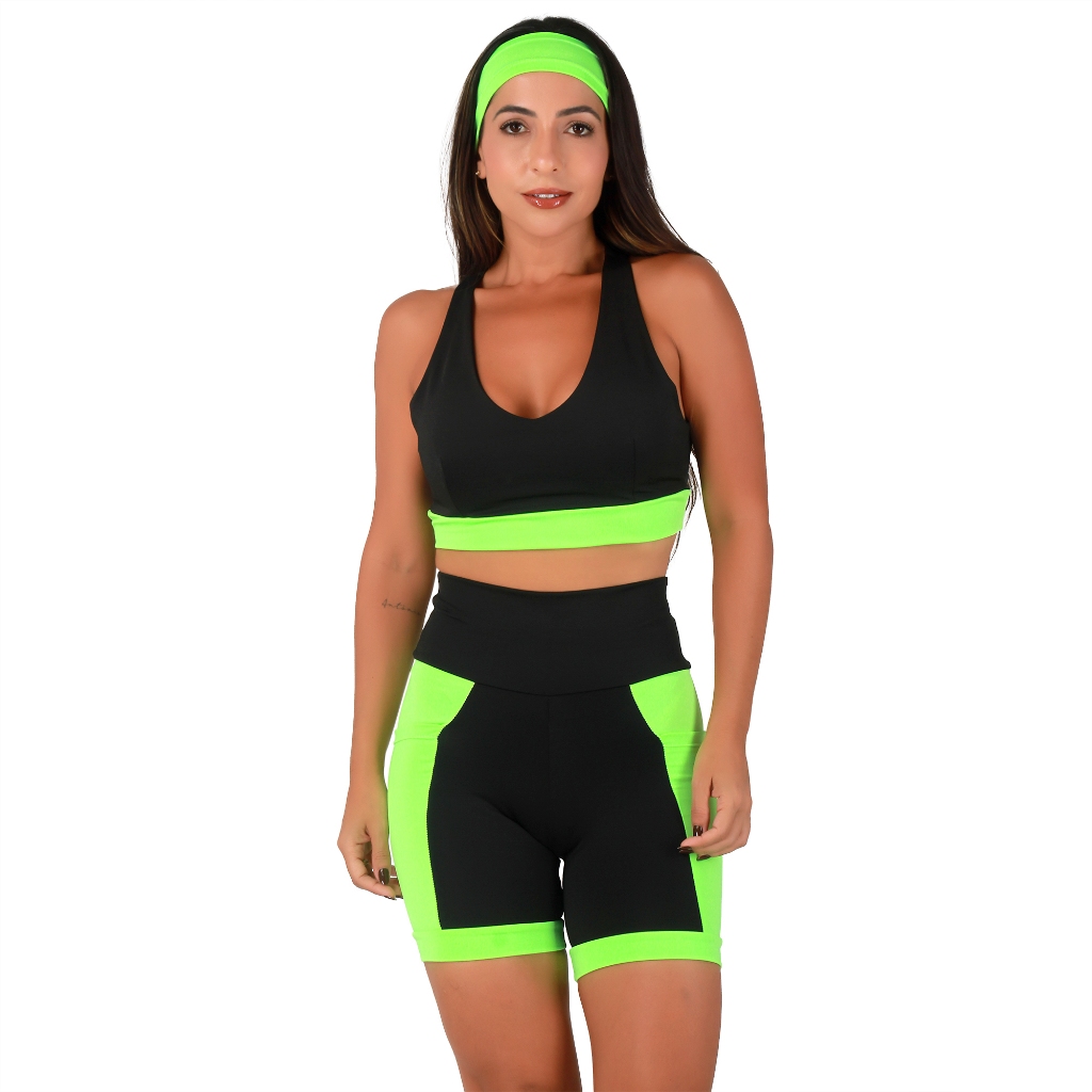 Conjunto Academia Feminino Fitness Top Compressão e Bermuda Com Bolsos Laterais