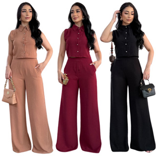 Conjunto Feminino Calça Pantalona Blusa Feminina Crepe em Oferta na Shopee