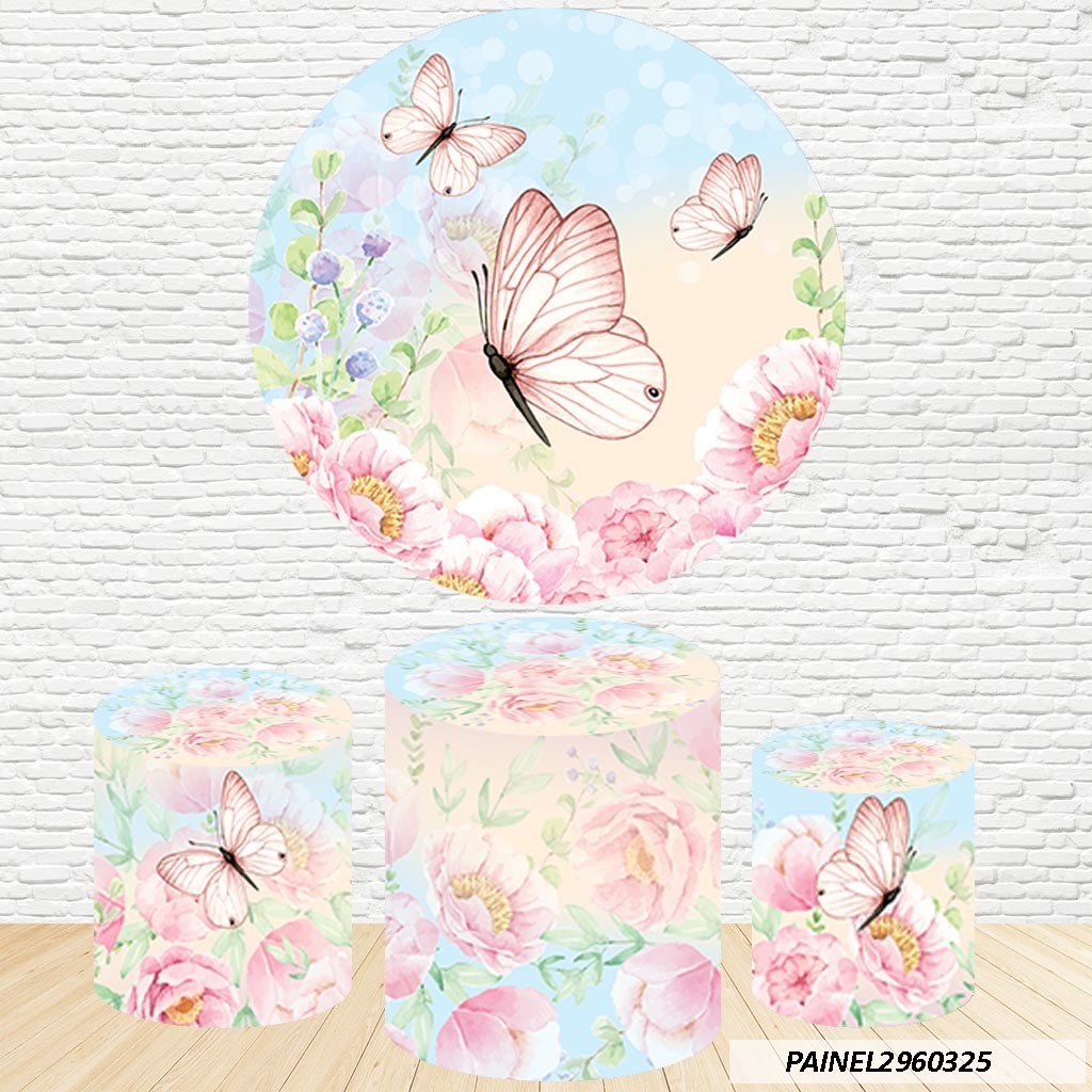Kit de Capa de Painel Redondo Sublimado Borboletas 1,50M + Trio Capas de Cilindro C/Elástico em Oferta na Shopee
