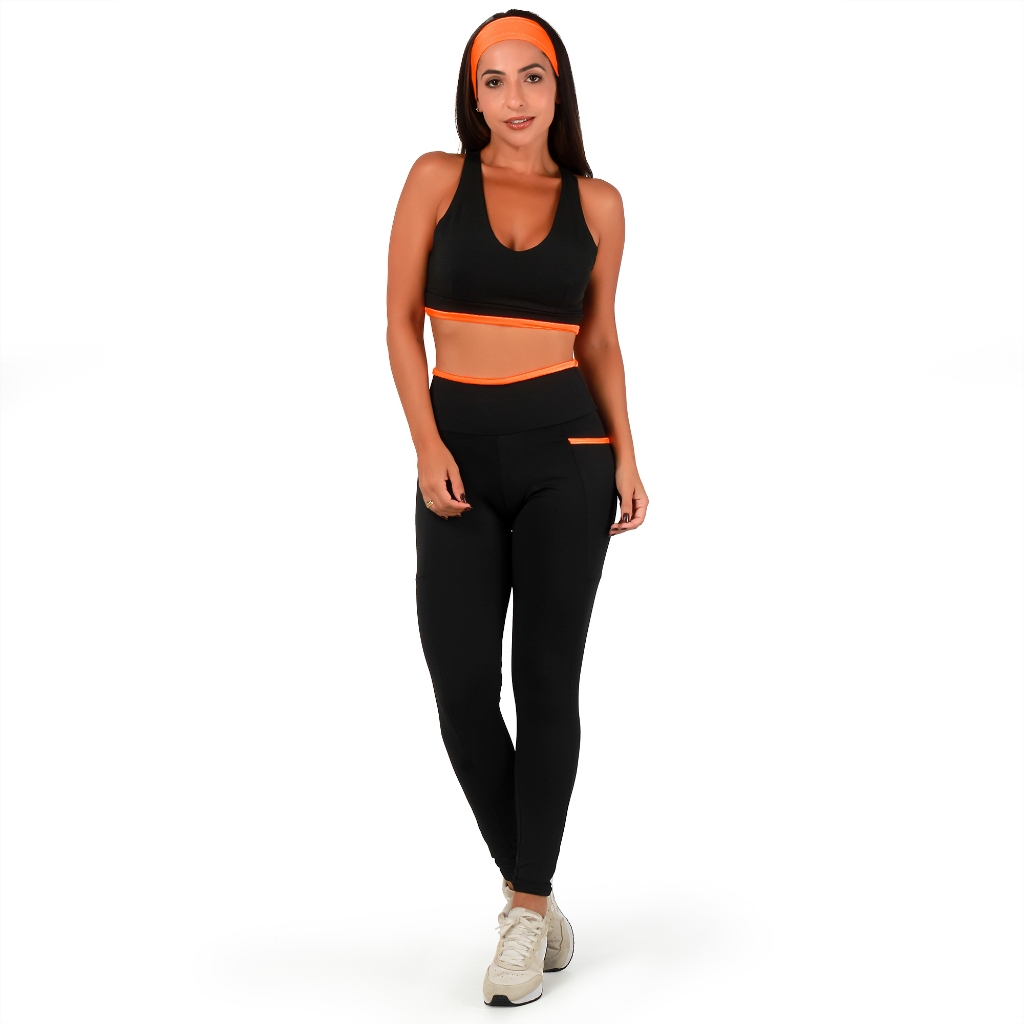 Conjunto Fitness Feminino De Academia Top Alta Compressão e Calça Cintura Alta Com Bolsos Laterais