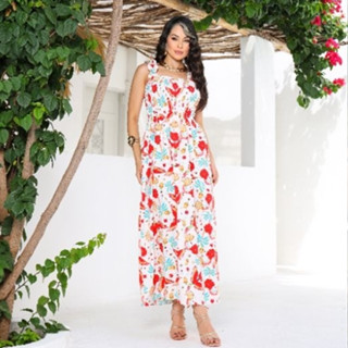 Vestido Estilo Farm Feminino com Alça e Lastex em Tecido Crepinho em Oferta na Shopee