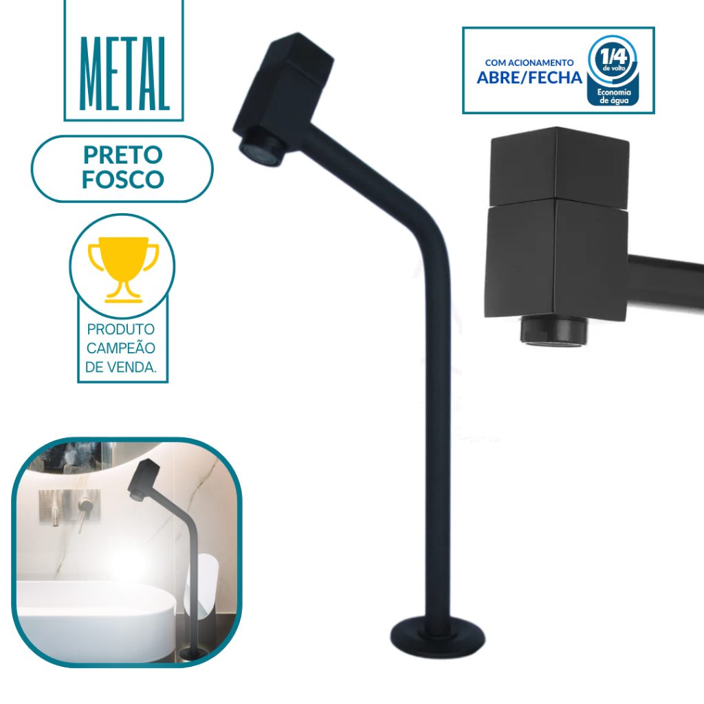 Torneira Banheiro link metal pia bancada cuba 45 Preto Fosco quadrada Link MEDIA PROMOÇÃO