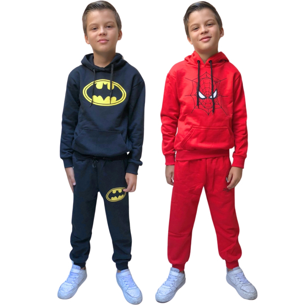 Kit 4 Peças de moletom infantil batman + homem aranha sendo 2 calças infantil + 2 blusas infantil peluciada