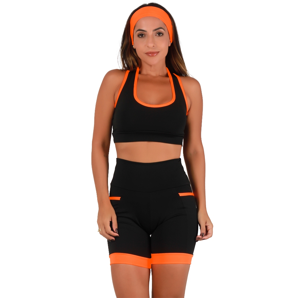 Conjunto De Corrida Fitness Feminino Academia Top alta Compressão  e Bermudas Com Bolsos Laterais