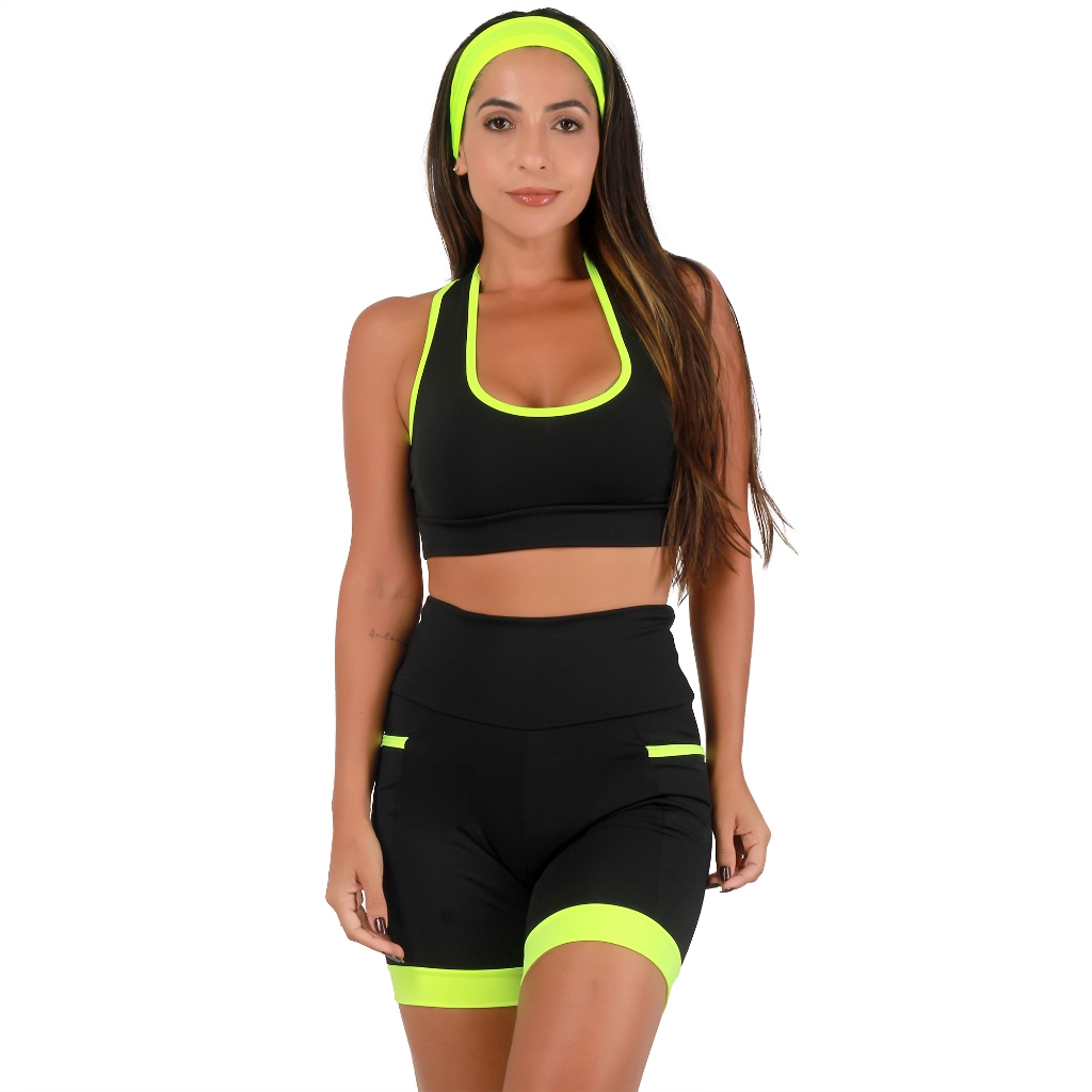 Conjunto Academia Feminino Fitness Top Alta Compressão Com Bolso e Bermuda Cintura Alta Com Bolsos