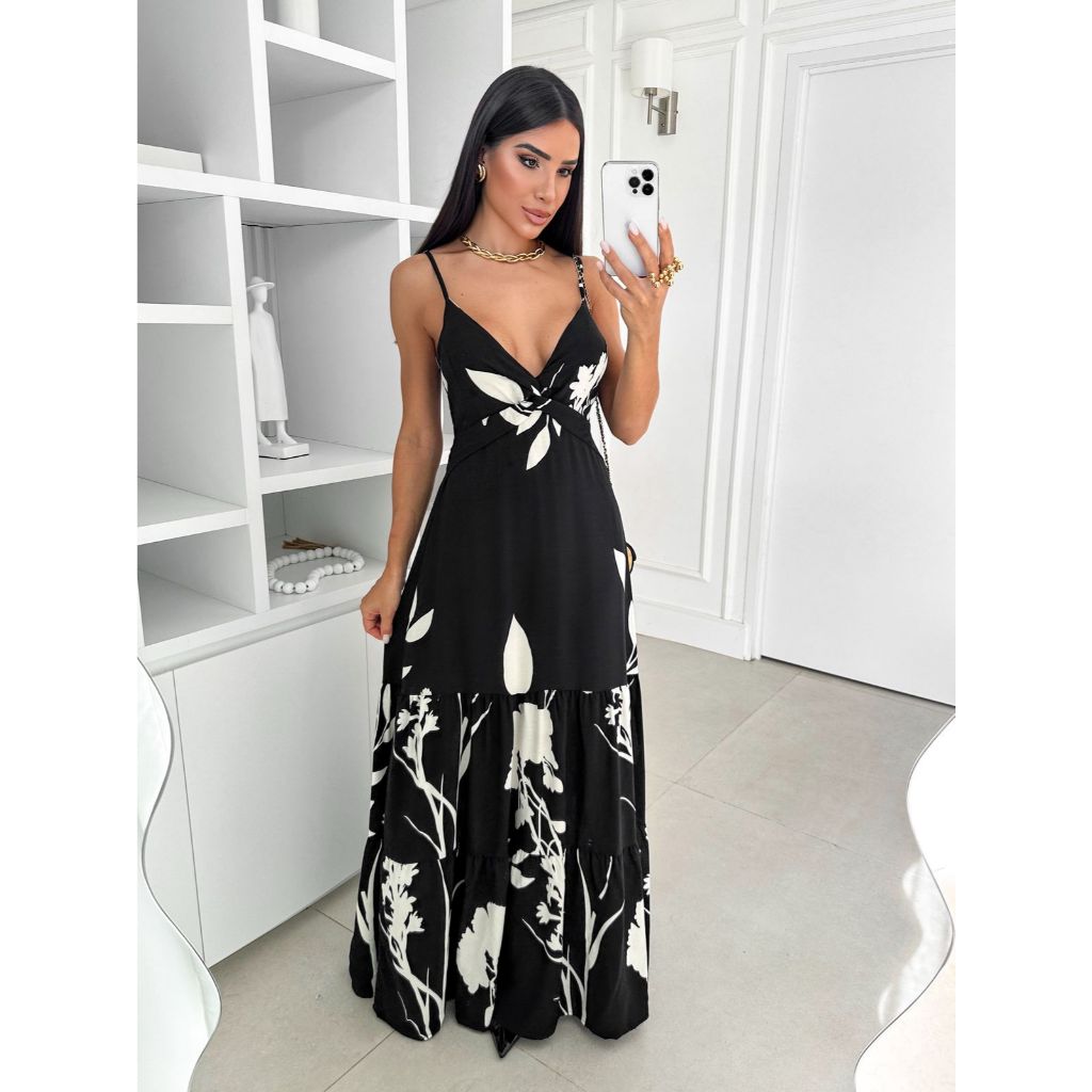 Vestido Longo Estampado Decote V Com Bojo Amarração Nas Costas Elegante Soltinho Verão 029-Est