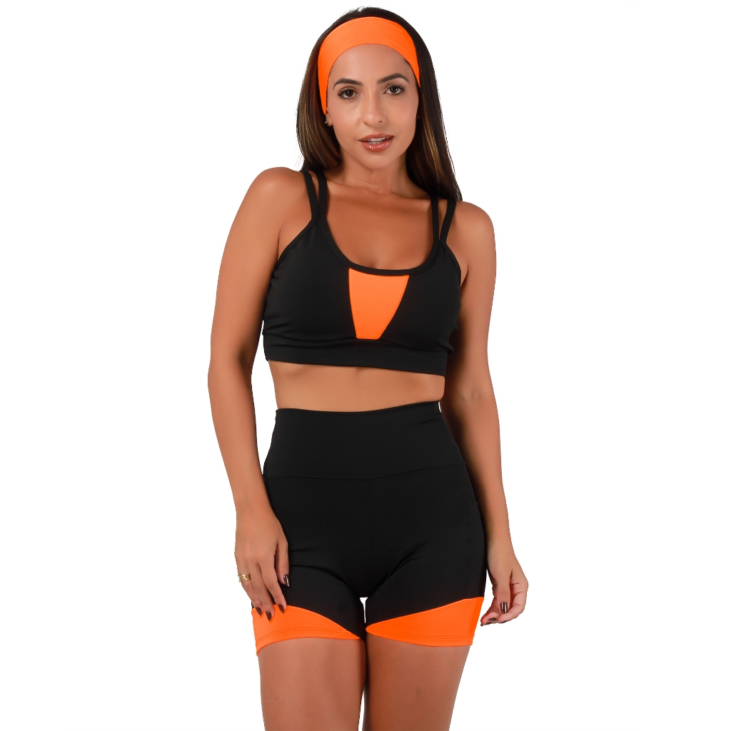 Conjunto Academia Feminino Fitness Short Cintura Alta Com Bolsos e Top Alta Compressão