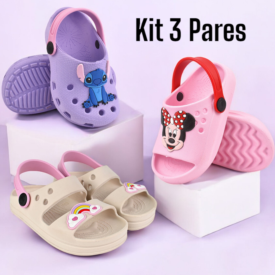 Kit 3 Pares Sandália Infantil Menina Papete Confortável e Nuvem Arcoiris