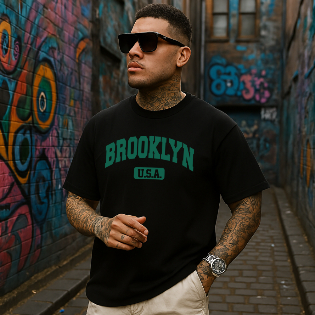 Camiseta Masculina Oversized Brooklyn USA 100% Algodão Confortável Estampada