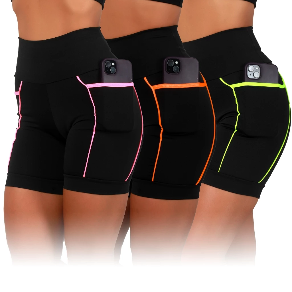 Kit 3 Bermudas Academia Feminina Fitness Cós Alto e Bolsos Laterais Zero Transparência — imagem 1