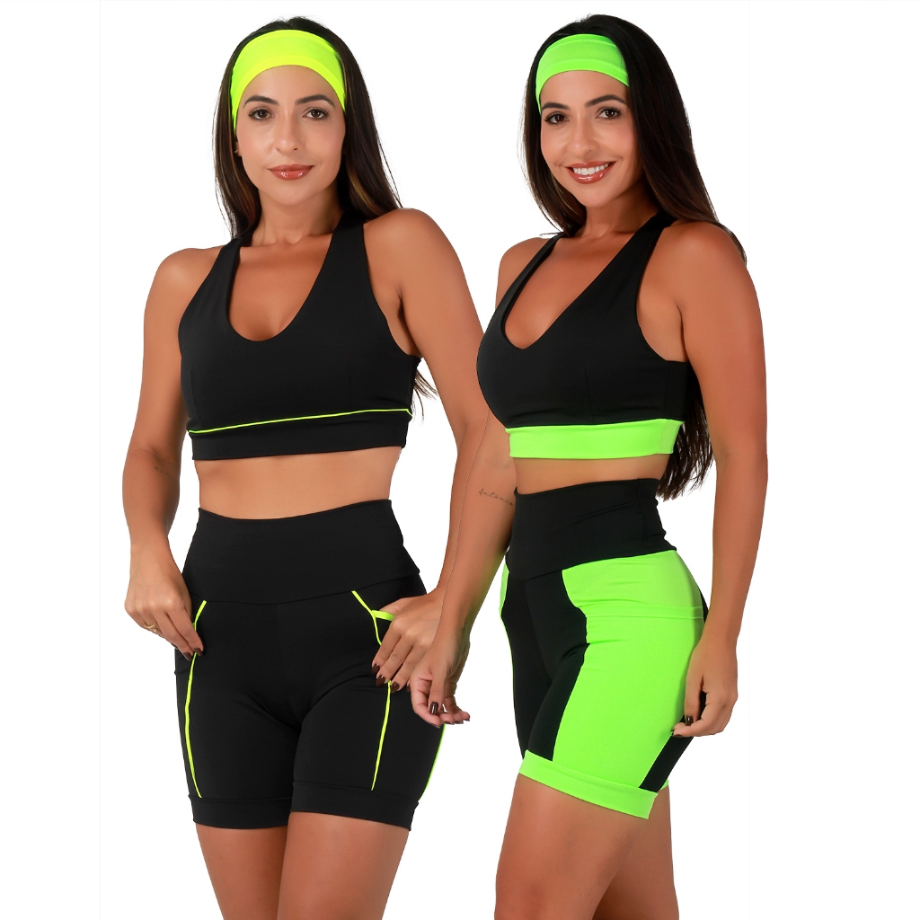 Kit 2 Conjuntos de Academia Feminino Fitness Top Alta Compressão e Bermudas Com Bolsos Laterais