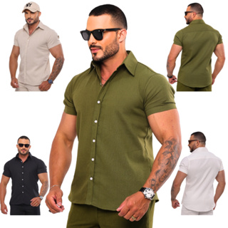 Camisa Masculino Linho Manga Curta Social Casual Slim Fit Verão Elegante em Oferta na Shopee