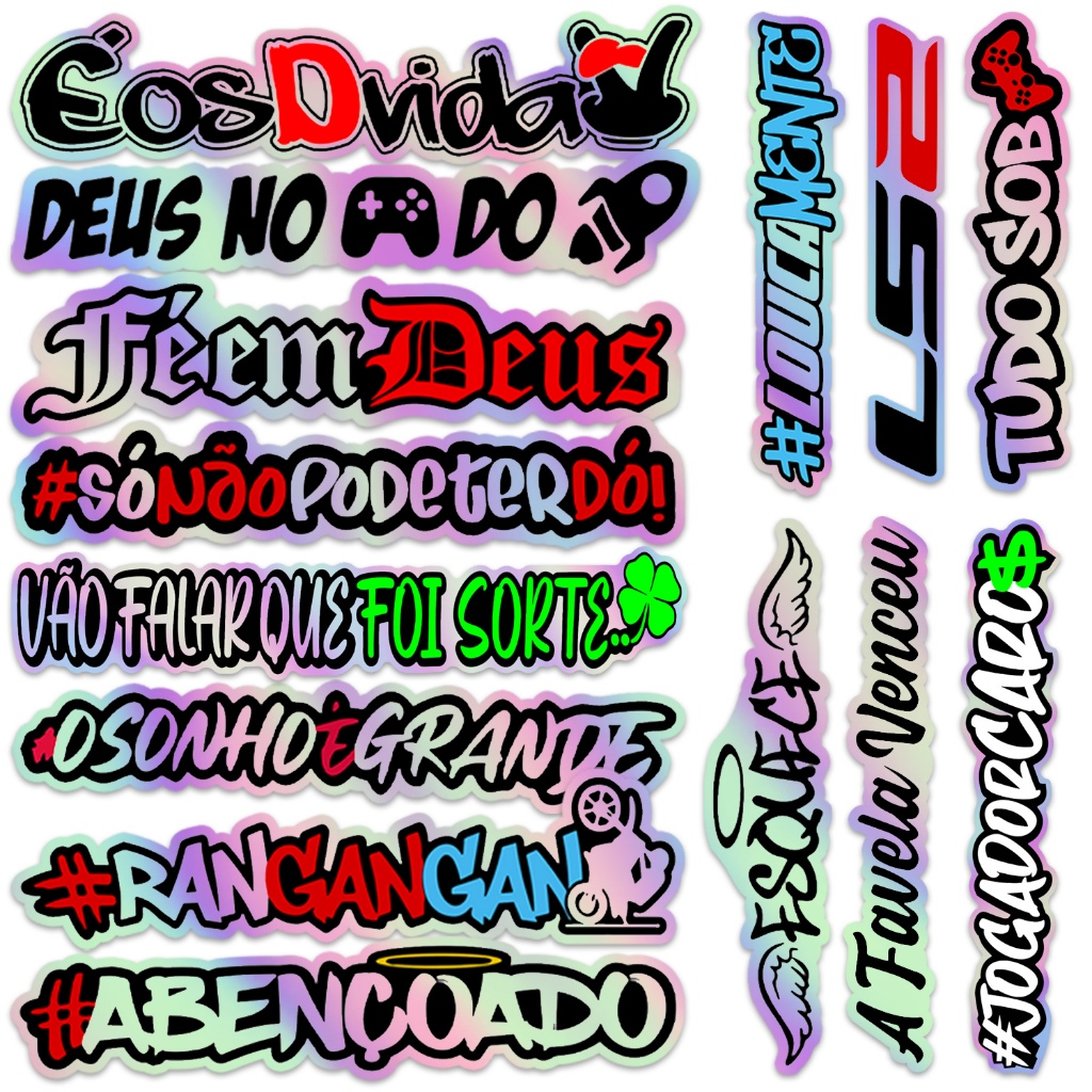 Kit 14 Adesivos Frases Holográfico Grande 20cm Carro Moto Bike Bag Caderno Notebook Sticker Cartela