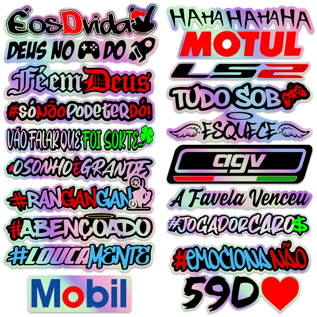 Kit 20 Adesivos Frases Holográfico Camaleão Carro Moto Bike Bag Caderno Notebook Sticker Cartela