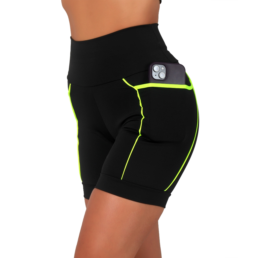 Bermuda Academia Feminina Fitness  Bolsos Laterais Profundos Cós Alto Zero Transparencia