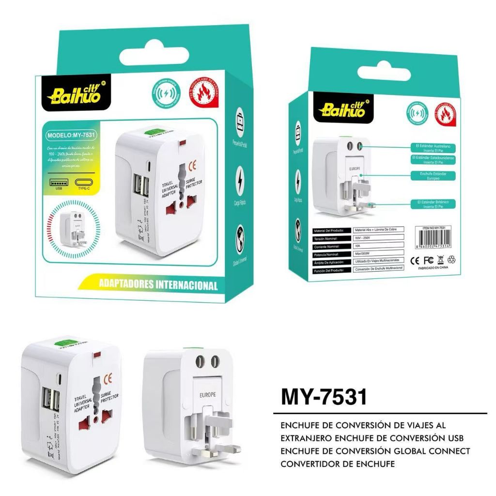 Imagem Adaptador De Tomada Universal Com 2 Usb  E TIPO-C Viagem C/ 150 Países