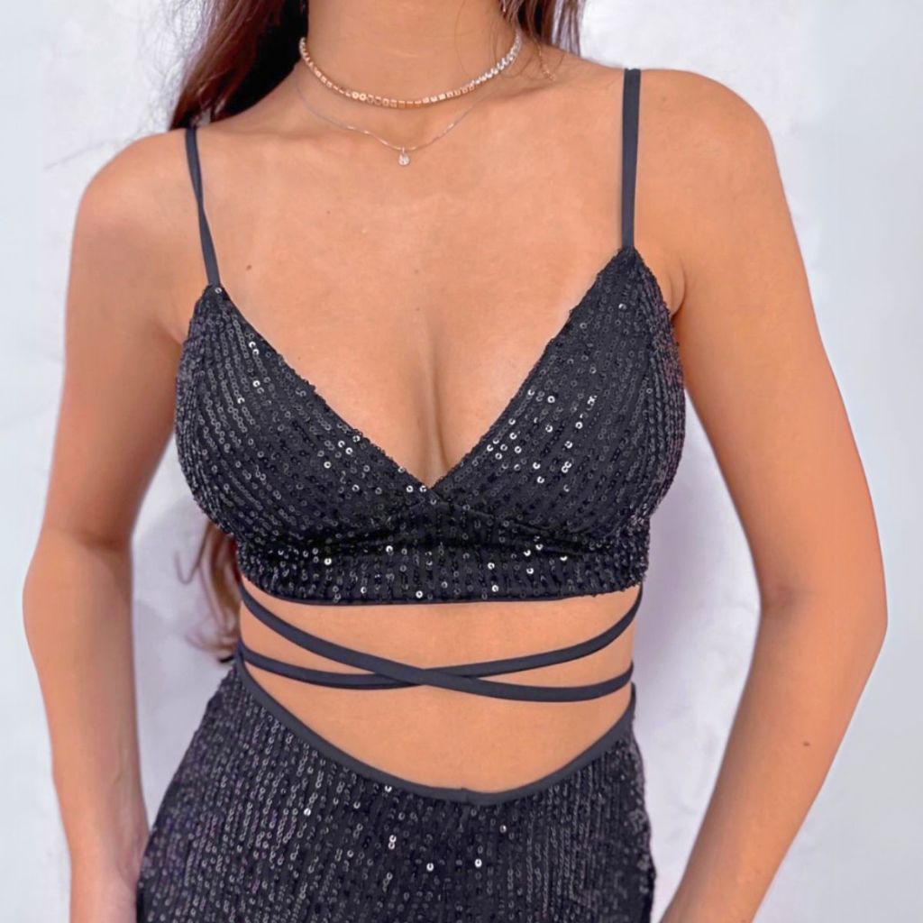 Top Cropped Feminino Paetê Sutiã com Bojo Alça Regulável Amarração Brilho Festa Balada Noite Gringa Paete