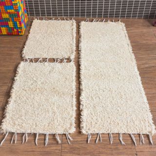 Jogo De Tapete E Passadeira Boho Cru Peludo Felpudo Tear Artesanal Luxo 3 Peças 100% Algod...